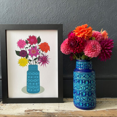 Dahlias in Blue Vase wall print A4 size